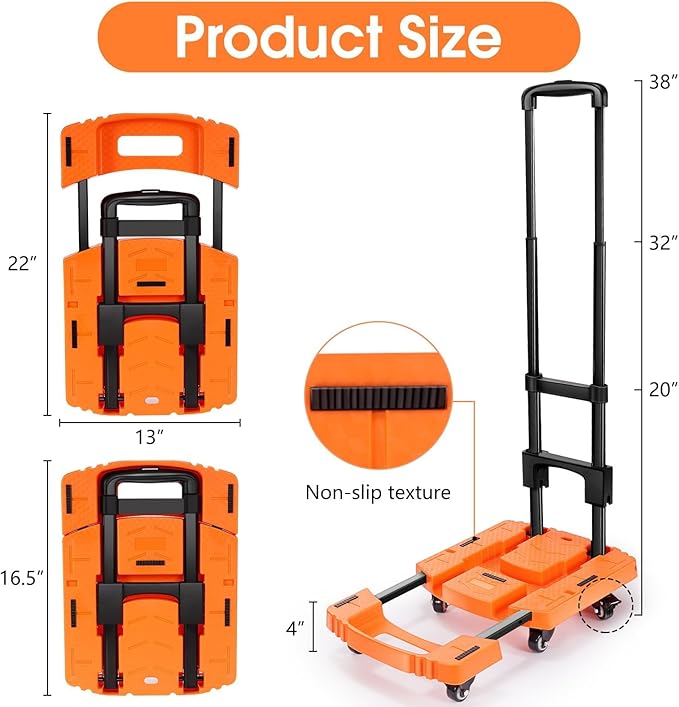 Folding Hand Truck with 6 Wheels and Elastic Ropes - Portable Heavy Duty Dolly Cart for Travel and Moving