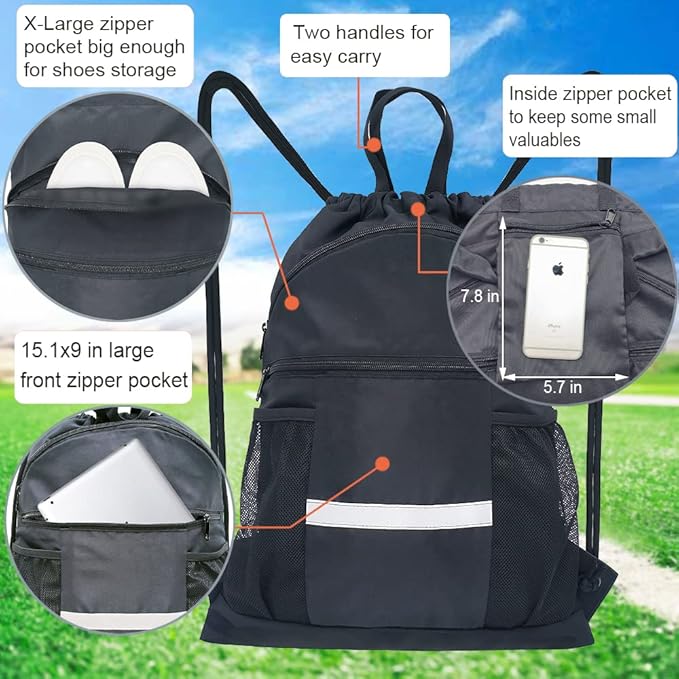 Drawstring Backpack Sports Gym Bag with Shoe Compartment, X-Large String Bag for Women Men with Zipper Pockets and Mesh Pockets (Black)