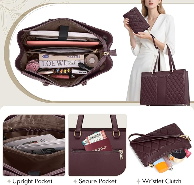 RAINSMORE Laptop Bag for Women 15.6 Inch Work Tote Bags Leather Laptop Tote Professional Laptop Purse Computer Handbag Womens Briefcase Tote with Clutch for Teacher Office Travel, Dark Purple