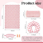 HunnmingRe 5 Pcs Travel Pillow and Blanket Set, 5 in 1 Travel Airplane Compact Includes 40 x 60 Inch Throw Blanket Eye Mask Neck Pillow Earplug and Bag Gifts for Travelers Women(Checkered,Pink)