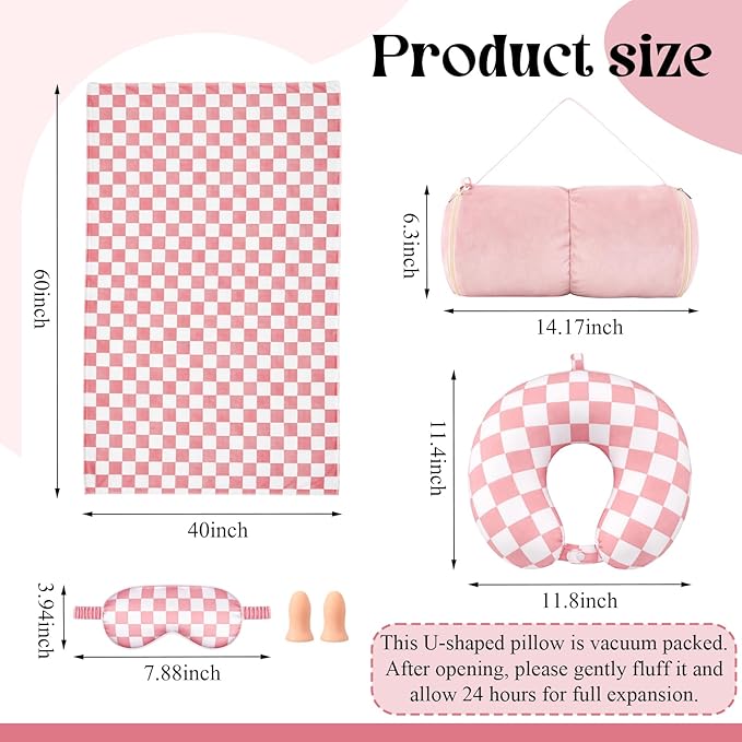 HunnmingRe 5 Pcs Travel Pillow and Blanket Set, 5 in 1 Travel Airplane Compact Includes 40 x 60 Inch Throw Blanket Eye Mask Neck Pillow Earplug and Bag Gifts for Travelers Women(Checkered,Pink)