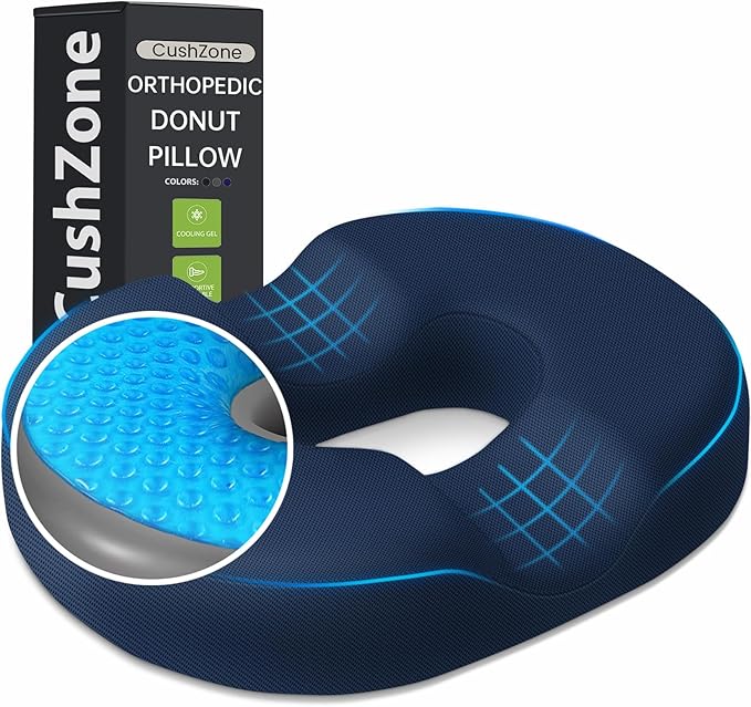 Donut Pillow Seat Cushion - Cooling Gel Donut Chair Cushions, Memory Foam Seat Cushion for Office & Home, Car Seat Cushion and Butt Pillow, Hemorrhoids Pillow and Tailbone Pain Relief, Blue