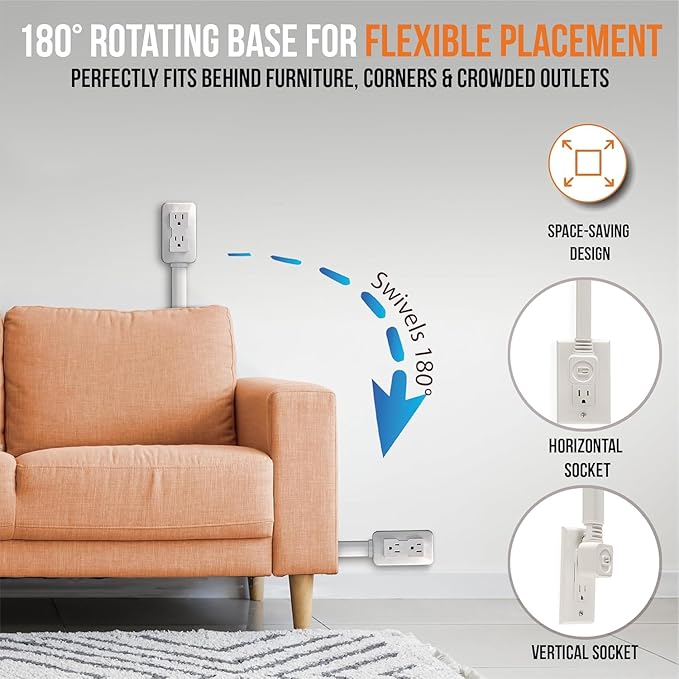 EZ Outlet Electrical Outlet Extender. Access Hard-to-Reach Outlets! Features USB-A, USB-C, and 2 AC Outlets, Extends 22"-34", Rotates 180°. Use Behind Couches, Nightstands, Desks, and More.