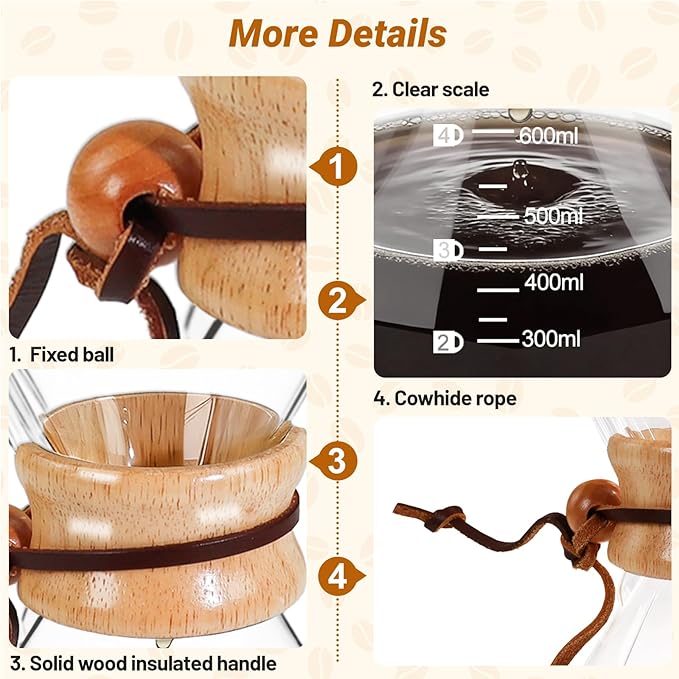 Coffee Pour Over 20.3oz 600ml High Borosilicate Glass Pour Over Coffee Maker Set Camping with Reusable 304 Stainless Steel Filter Hand Brew Carafe Drip Suitable for Electric Ceramic Stove
