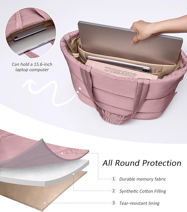 Puffer Tote Bag for Women, Lightweight Puffy Tote with Compartments, Shoulder Bag Crossbody Bags for Women Travel, Work, Gym