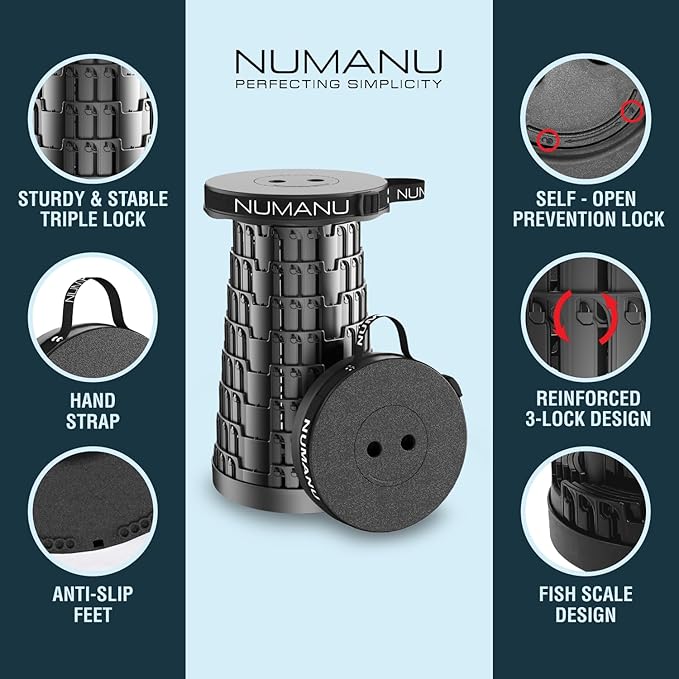 NUMANU 2026 Upgraded Collapsible Stool, Max 620lbs 2.5"-18" H Adjustable Portable Folding Stool for Adults, Retractable Foldable Telescopic Seat Camping Chair or Footrest (1x Hard Seat)