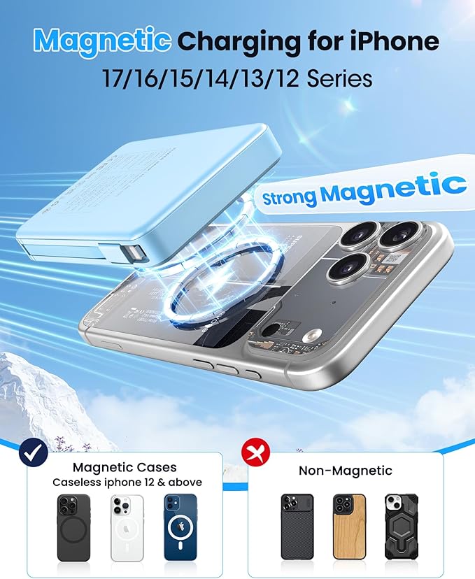 Magnetic Portable Charger, 22.5W Power Bank Fast Charging 10000mAh, Portable Charger with Built in Cable, for Magsafe Battery Pack Compatible with iPhone 17/16/15/14/13/12 Pro/Pro Max Sky Blue