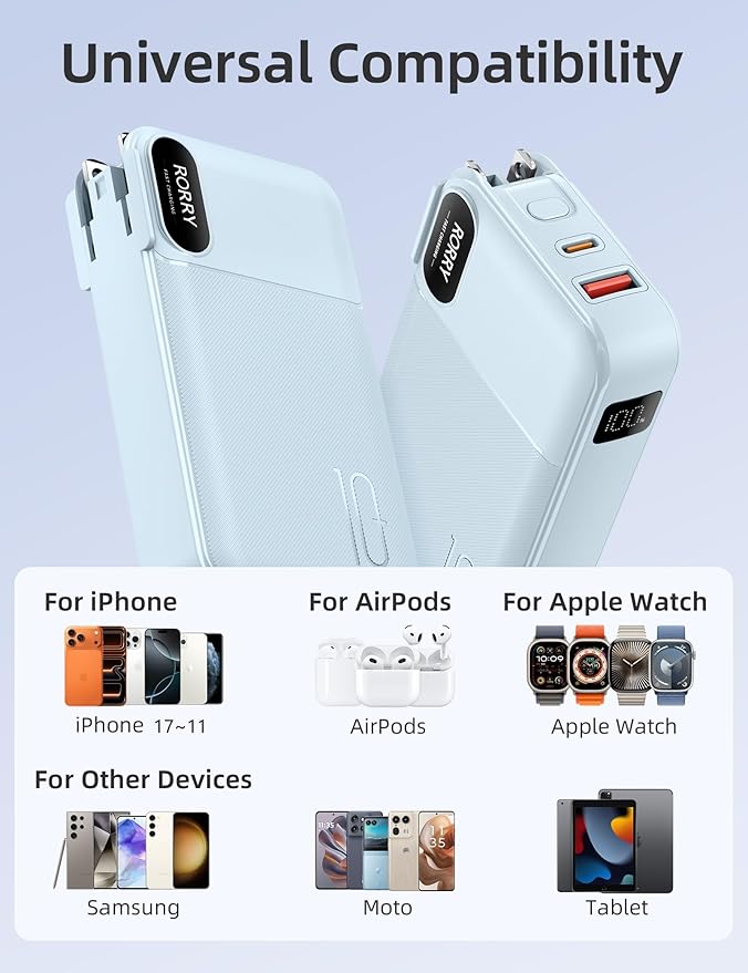 RORRY Portable Charger Built in Cables, AC Wall Plug in Portable Charger Power Bank 10000mAh Travel Battery Pack 22.5W Fast Charging for iPhone 17/16/15 Samsung Galaxy S25/S24/S23 Pixel LG iPad, Blue