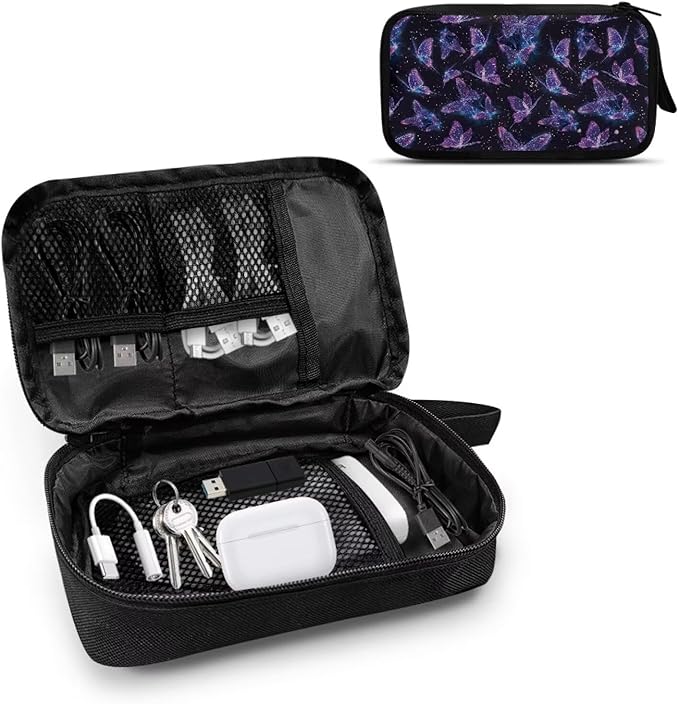 Glitter Butterfly Print Storage Bag Practical Earphone Bags Cable Organizer Bags Power Bank Bag Data Cables Storage Pouch Headset Organizing Pouch Multipurpose Bags