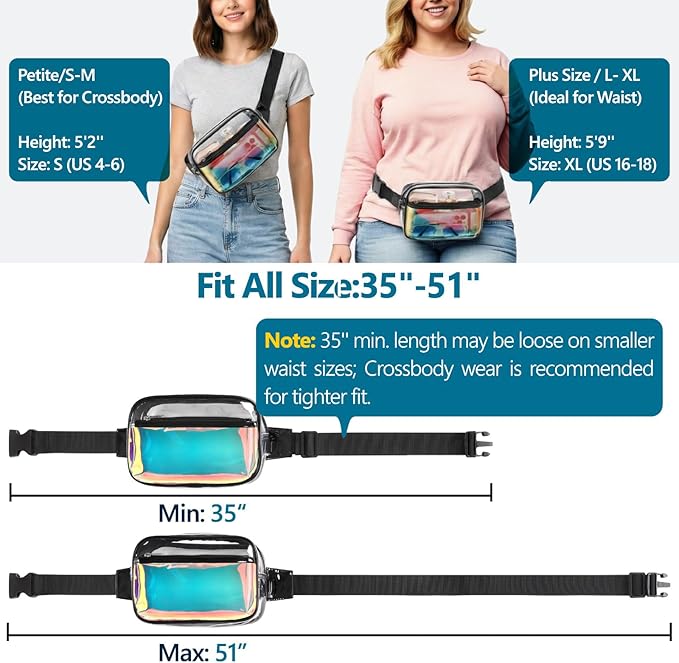 Veckle Holographic Fanny Pack for Women - Plus Size 35-51 Inch Iridescent Clear Belt Bag, Adjustable Crossbody Waist Bag for Concert, Festivals, Raves, Theme Parks, Black