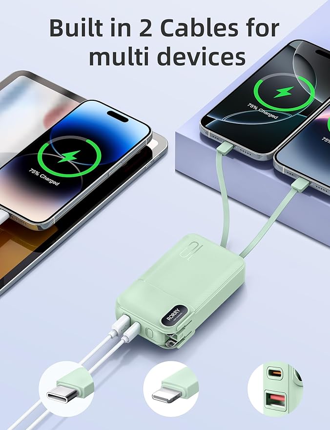 RORRY Portable Charger Built in Cables, AC Wall Plug In Portable Charger Power Bank 10000mAh Travel Battery Pack 22.5W Fast Charging for iPhone 17/16/15 Samsung Galaxy S25/S24/S23 Pixel LG iPad, Green