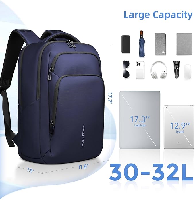 17.3 Inch Laptop Backpack for Travel Work Office College, 30L Water Resistant Casual Daypack, Lightweight Computer Backpack for Men Women, Business Laptop Bag with USB Charging Port - Blue