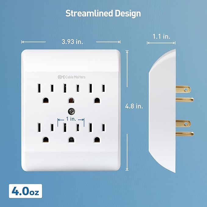 [ETL Listed] Cable Matters 2-Pack 6 Outlet Extender Wall Tap, 15A/1875W, Multi Plug Wall Outlet / 6 Way Plug Power Adapter