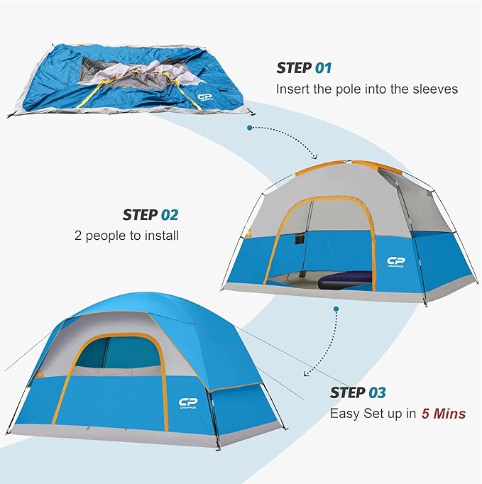 CAMPROS CP Camping Tent 2/4/6 Person, Waterproof Windproof Double Layer Dome Tent, Easy Setup with Large Mesh Windows & Wide Door for Outdoor Camping Backyard