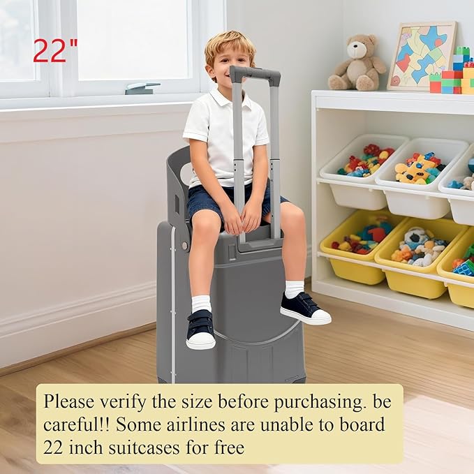 CNCEST 22" Kid's Ride-on Luggage with Foldable Seat,Travel Carry On Trolley Case for Kids,Children's Ride On Top Opening Suitcase with Password Lock (StyleA, Grey)