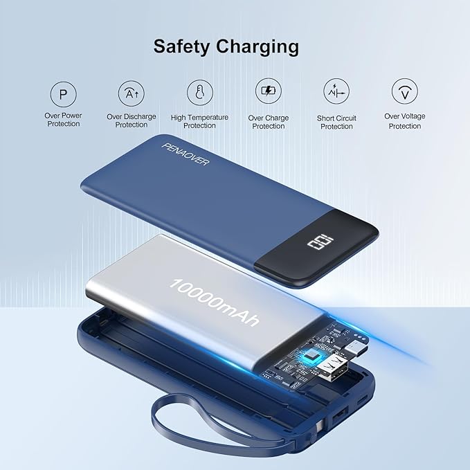 Portable Charger Built-in Cables,10000mAh Power Bank for iPhone,Fast Charge USB C Battery Pack Travel Essentials Slim Lightweight Powerbank Compatible with iPhone 17/16/15/14, Samsung, Android, etc