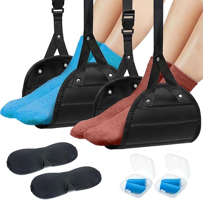2 Pack Foot Hammock for Plane Travel, Portable Airplane Foot Rest Leg Hammock for Airplane Travel, Adjustable Plane Footrest Foot Sling for Long Flight