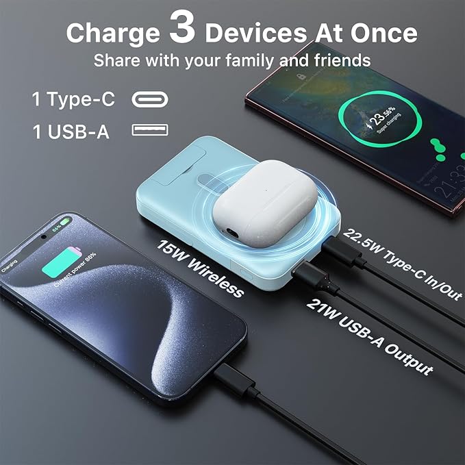 NOBIS A2641 Magnetic Power Bank, 10000mAh Wireless Portable Charger, 22.5W Magnetic Battery Pack with Stands,Magnetic Portable Charger with LED Display for Phone 16 (Blue, 22.5W)