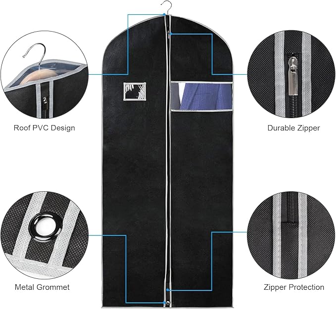 Syeeiex 60'' Dress Bags for Gowns, Set of 4 Garment Bag for Hanging Clothes, Dress Garment Bag, Dustproof and Keep Closet Tidy, Perfect for Suit Evening Dresses Fur Coat Long Dress Gown(Black&Grey)