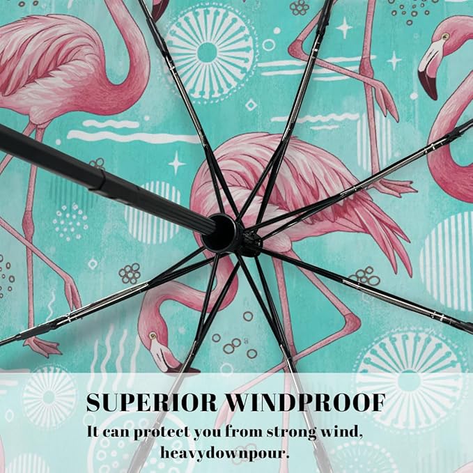 Travel Umbrella for Rain - Flamingo Windproof Compact Automatic Reverse Folding Umbrellas for Kids Women, Cute Small Auto Open Close Umbrella for Backpack, Commute, Car