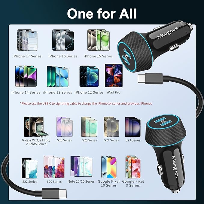 2 Pack 90W USB C Car Charger Super Fast Charging for iPhone 17 Pro Max/Air/16/15/iPad, Samsung S26 Android Phone, Dual 45W PD Port Auto Accessories, 12V Cigarette Lighter Adapter + 5 ft Type C Cord