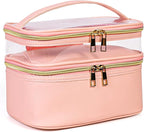 Pink Makeup Bag, Leather Double Layer Makeup Bag,Travel Accessories Toiletry Bag for Women,Travel Essentials Cosmetic Bag