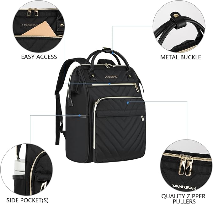 VANKEAN 17 Inch Laptop Backpack for Women Fashion Computer Work Bag, Large Capacity Waterproof Backpack, College Daypack Business Travel, Black