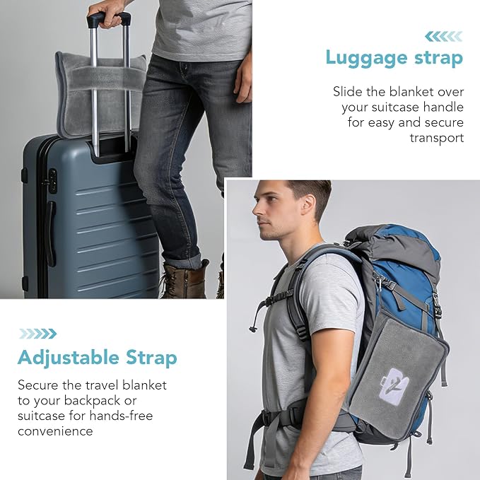 SINLAND Travel Pillow and Blanket 2-in-1 Set,Airplane Packable Bag,Soft and Lightweight Plane Flight Car Trips Travel Essentials Gift,Hand Luggage Sleeve and Backpack Clip,60x50 Inch Grey