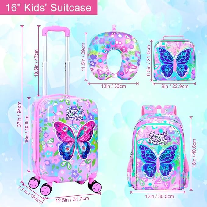 5Pcs Kids Luggage Set, 16" Girls Travel Suitcase with Spinner Wheels, Butterfly Hardside Carry on Toddler Rolling Suitcase Airline Approved（Pink）