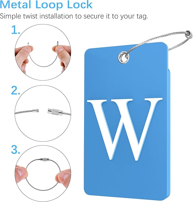 Gostwo 2 Pack Luggage Tags for Suitcases, 26 Initial Letter Travel Luggage Baggage Identification Labels ID Tag Fully Bendable Tags with Stainless Steel Loop (Blue) (Letter W)