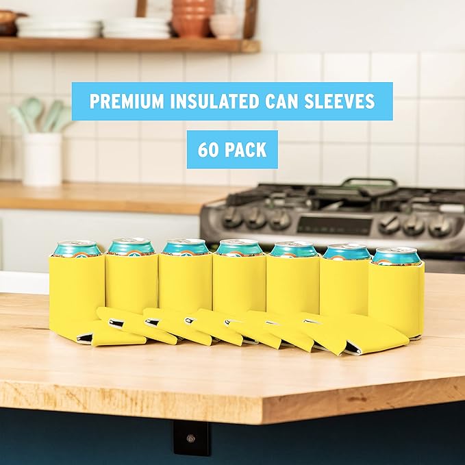 Blank Beer Can Cooler Sleeves (60-Pack) Soft Insulated Beer Can Coolies - HTV Friendly Blank Koolies in Bulk for Beer Cans & Bottles - Coolie Blanks for Vinyl Projects & Wedding Favors (Yellow)