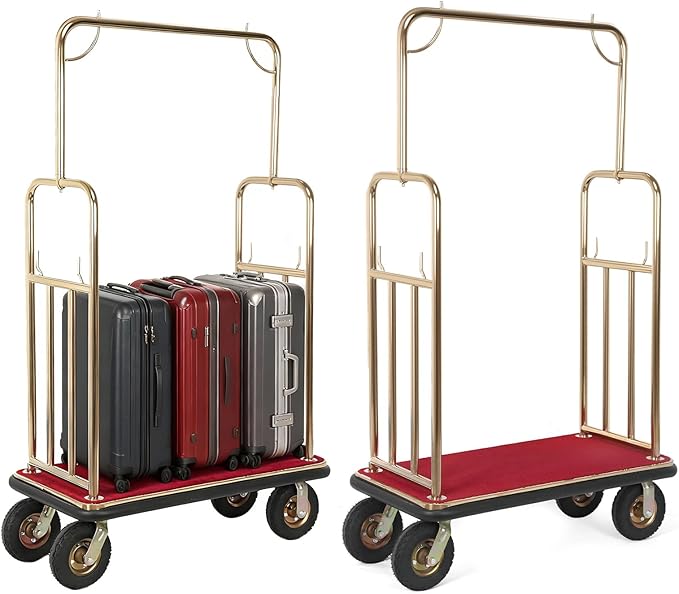 Premium Gold Hotel Luggage Cart – Heavy Duty Bellman Cart with Plush Red Carpet & Protective Bumper. Smooth Rolling Commercial Trolley for Resorts, Condos & Lobbies (39.37" x 19.69" x 67.72")