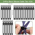 Silicone Cord Ties, Reusable 4.2in Cord Organizer for Charging Cables, Electrical Cords, Computer Wires, USB Data Cable Management(24Pcs, Black)