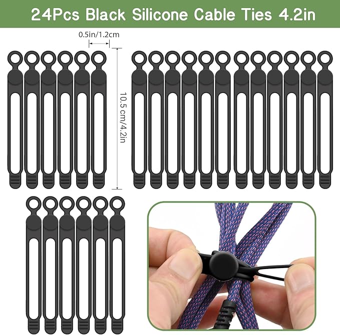 Silicone Cord Ties, Reusable 4.2in Cord Organizer for Charging Cables, Electrical Cords, Computer Wires, USB Data Cable Management(24Pcs, Black)