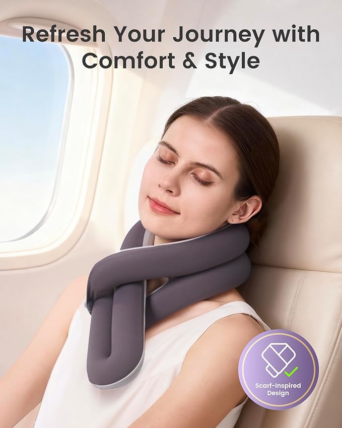 KPNEOL Travel Pillow, Neck Pillow – Ergonomic Memory Foam Pillow for Airplane, Adjustable & Ultra-Lightweight with Dual-Sided Fabric for Flight, Car, and Office Use, Grey