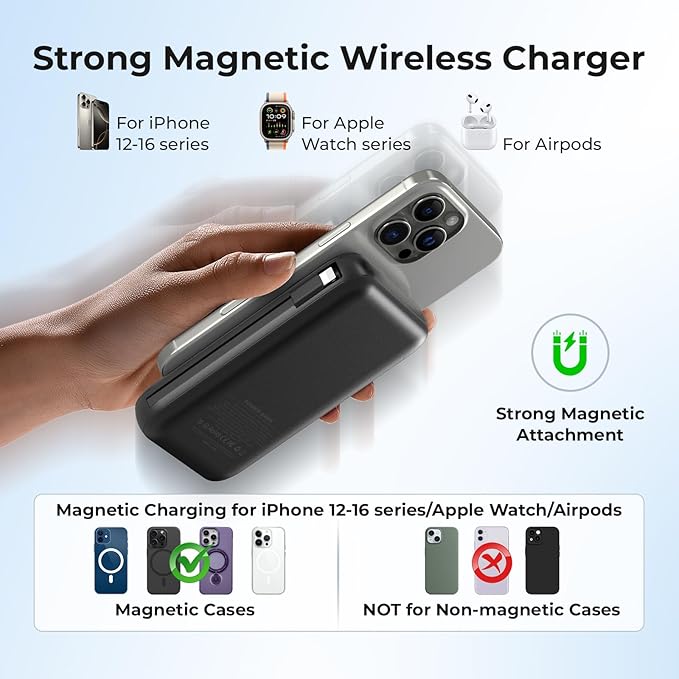 SHENMZ Magnetic Portable Charger 26800mAh for iPhone 17/16/15/14/13/12 with Built-in Cables， iWatch Charger，Wireless Power Bank for Apple Watch and for airpods,Galaxy, Android Phones(Black)