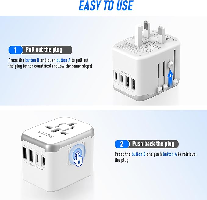 VYLEE Universal International Power Travel Plug Adapter, 5 in 1 European Travel Plug Adapter W/ 3.5A 2xUSB-A and 2xUSB C Wall Charger and Worldwide AC Outlet for Europe USA UK AUS Asia (White Grey)