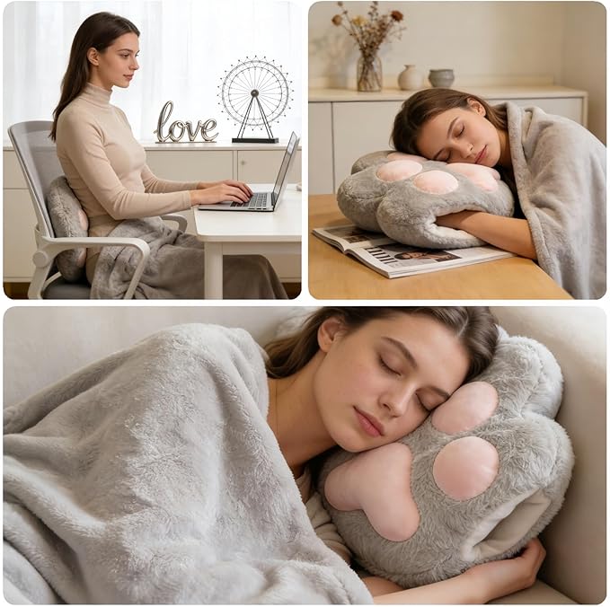 RYOLOY Cat Paw Warm Hand Pillow,with 67 * 39Inch Travel Blanket,3 in 1 Travel Pillow and Blanket Set,for Car Office Camping Essentials(Pink).