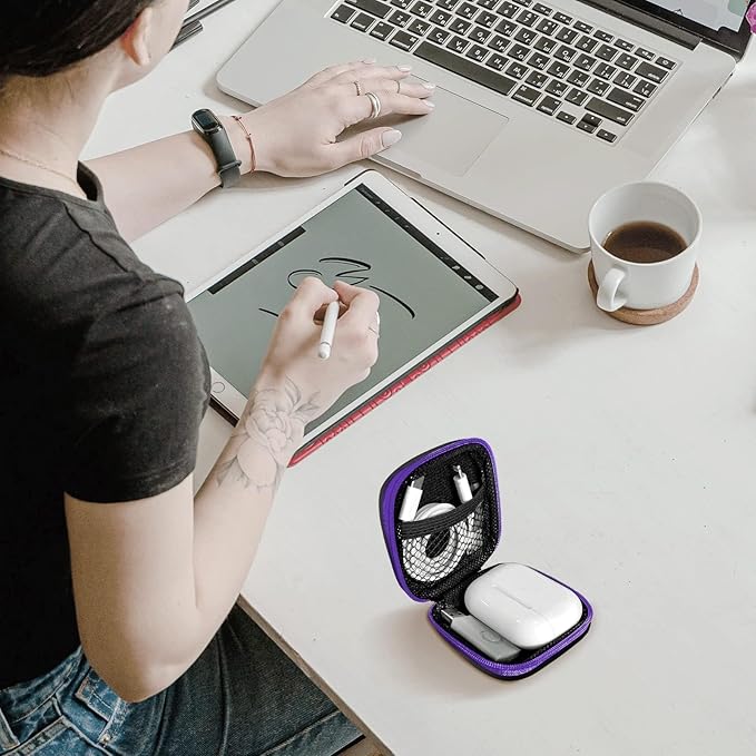 Square Earbud Case Portable EVA Carrying Case Storage Bag Cell Phone Accessories Organizer with Carabiner for Earphone, Earbud, Earpieces, SD Memory Card, Camera Chips, Tech Pouch, Purple