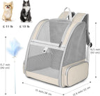 Cat Backpack Carrier, Large Pet Carrier Backpack with Kitten Wand Feather Toy for Medium Small Dog Cat Puppy Kitty Bunny up to 15lbs, Ventilated Mesh Kitten Bookbag for Travel Walking Outdoor (Beige)