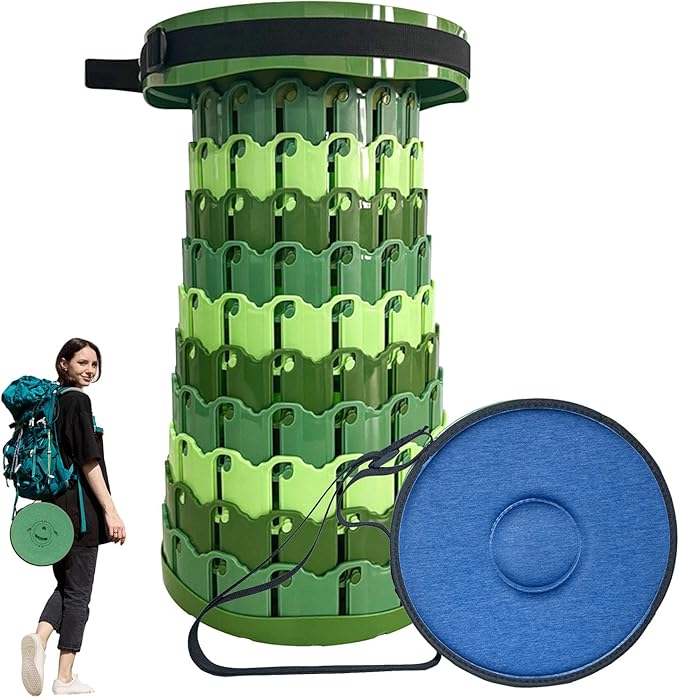 Spisces Upgraded Collapsible Stool with Cushion, 1000 lbs Capacity & 19.7-in High, Wider & Taller Heavy Duty Portable Telescoping Foldable Seat for Adults Camping, Travel, Music Festivals, Outdoors