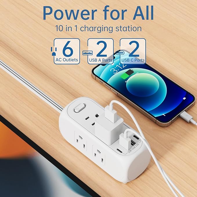 HITRENDS 6 Outlet Power Strip with Surge Protector & ETL Listed, 5ft Extension Cord, 4 USB Ports (3A+1C), Flat Plug, 1250W/10A, Wall Mount, Multi Outlet Extender for Home Office Dorm - White