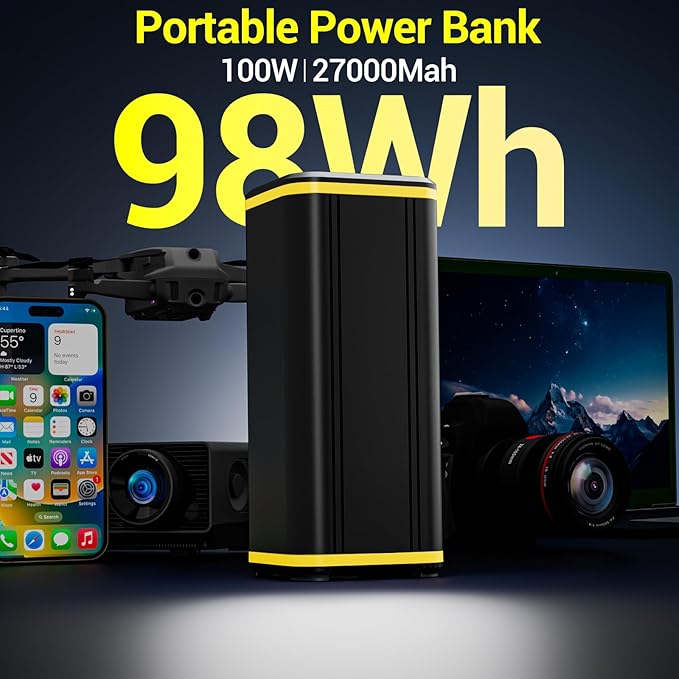 Portable Laptop Station for 27000mAh 98Wh, Power Bank with AC Outlet 65W PD Fast Charging External Battery Pack, Mini Portable Power Station for MacBook Dell HP Travel Camping, Yellow