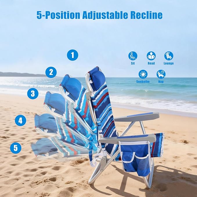 SUNNYFEEL Low Beach Chair 2 Pack, 5-Position Lay Flat Reclining, Backpack Portable Folding Chairs with Cooler Bag & Cup Holder, Heavy Duty 350 LBS, Compact for Beach, Camping, Travel