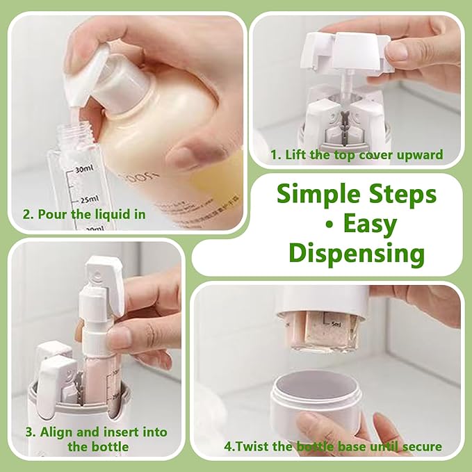 4 in 1 Travel Dispenser, Travel Bottles for Toiletries, Squeeze Leak Proof Dispenser Bottles with Scale and Label for Shampoo Lotion Shower Gel, Suitable for Travel, Camping and Gym(1 PC, Green)