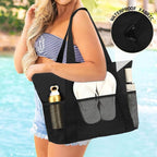Fammart Mesh Beach Bag, Large Beach Tote with Zipper Pocket, Toys Pool Bag for Family Travel Vacation Cruise Essentials