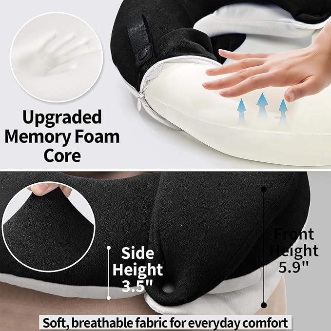 BUYUE Travel Neck Pillows for Airplanes, Memory Foam 360° Head Support Sleep for Long Flight, Skin-Friendly & Breathable, Kit with Eye Mask, Earplugs and Storage Bag (Adult, Black, 90+ lbs)