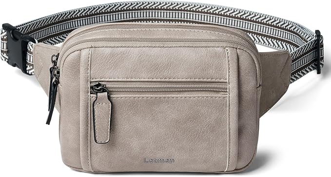 LATMAP 3L TRIPLE ZIP Fanny Packs Belt Bag For Women Men Crossbody Waist Pack Sling Chest Bum Travel Bag Purse Faux Leather Fashion Cute Grey