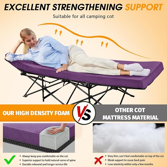 CYMULA Camping Cot Mattress 2in Memory Foam Sleeping Pad,Soft Warm Non-Slip Camping Mattress Topper with Retaining for Adults,Portable Roll up Pad for Travel（only Mattress）