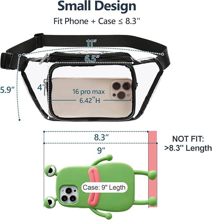 Veckle Clear Fanny Pack Stadium Approved - Adjustable 33-47 Inch Strap, Transparent Belt Bag for Women Men Fits 7.5-inch Smartphone, Waist Bag Clear Bag for Sport Events, Concerts, 2-Pack Black